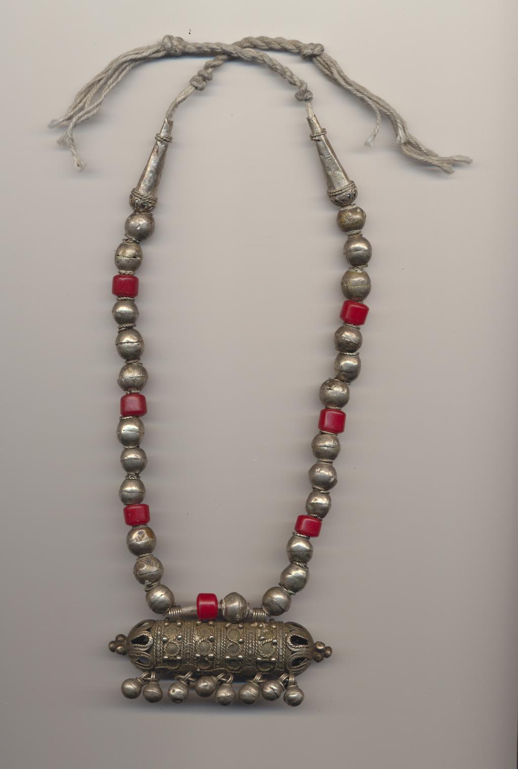 Old Yemeni tribal jewelry necklace with large amulet prayer box, made of silver and small red bakelite beads, ca. 1930's, length 20'' 50cm.